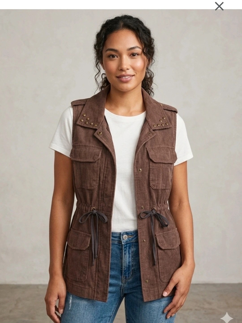 Democracy Brown Sleeveless Utility Vest with Studded Collar